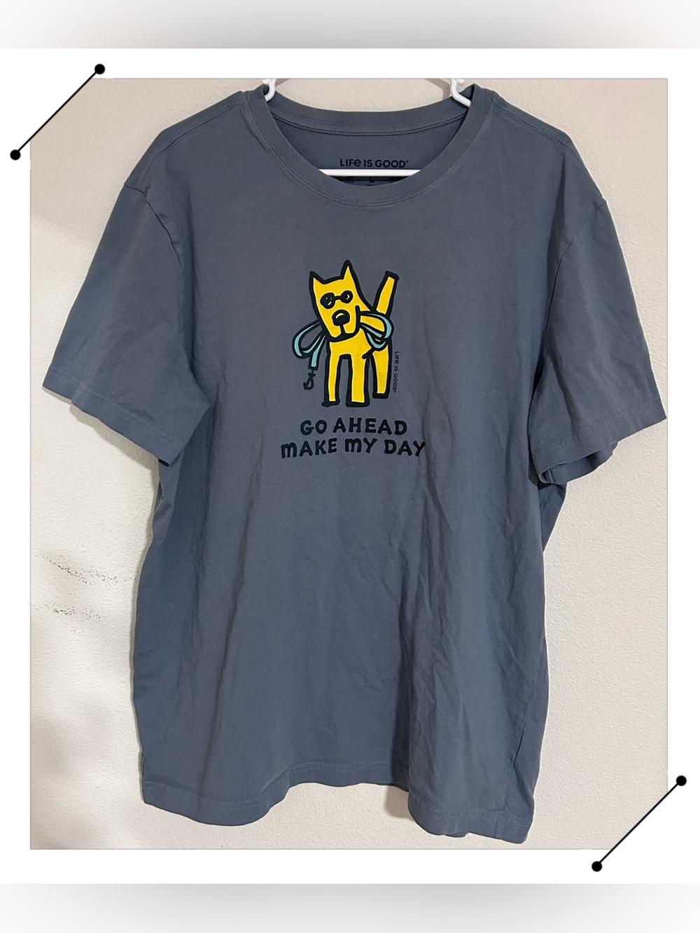 Life Is Good Men’s 100 Cotton Go Ahead Make My Day Dog Tee Slate Blue Sz L